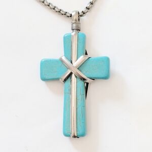 Vintage Southwestern Handmade Large Turquoise and Silver Cross Necklace Pendant